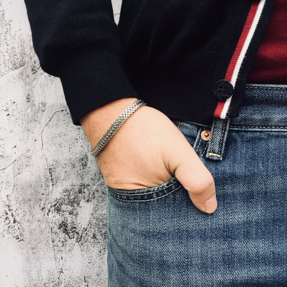Stylish Stainless Steel Silverly Bali Foxtail Chain Bracelet for Men