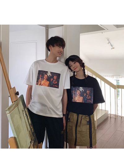 Retro Print O- Neck Short Sleeve T-shirt