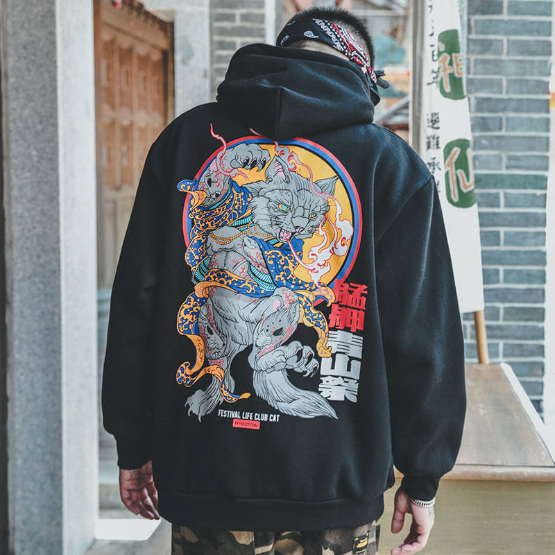 Men's Casual Black Hip Hop Japan Print Hoodie