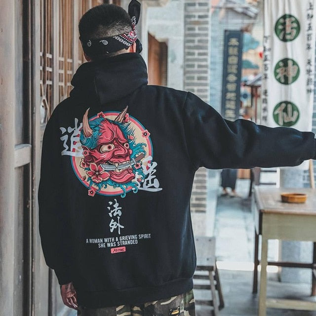 Men's Casual Black Hip Hop Japan Print Hoodie