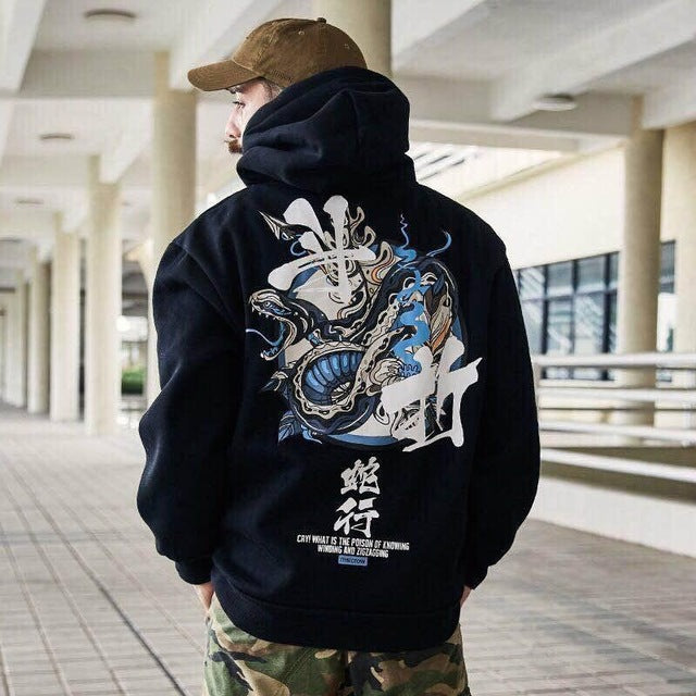 Men's Casual Black Hip Hop Japan Print Hoodie