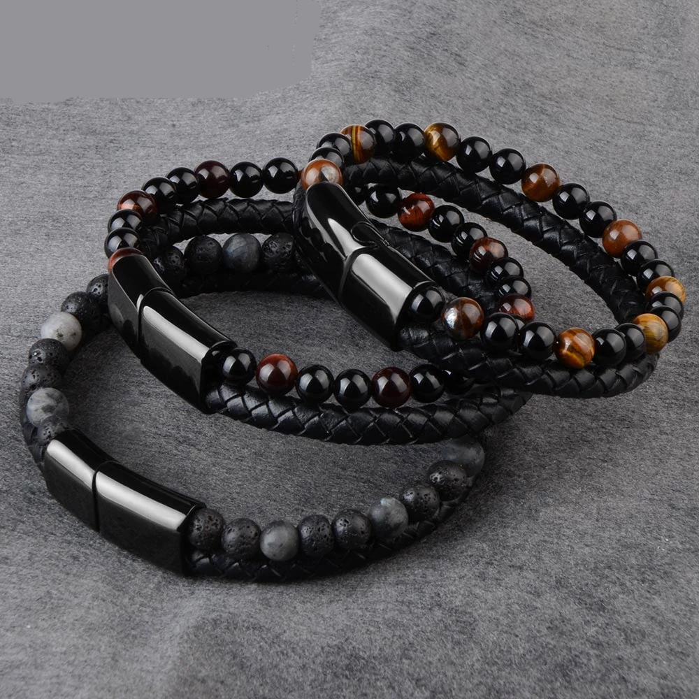 Men Jewelry Natural Stone Genuine Leather Bracelet
